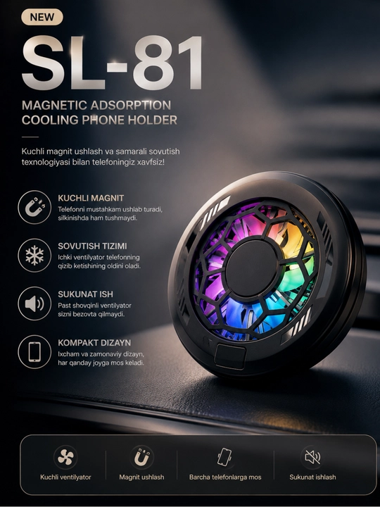 SL-81 Magnitli Telefon Sovutgichi, RGB Ventilyator, USB, 3 Tezlik