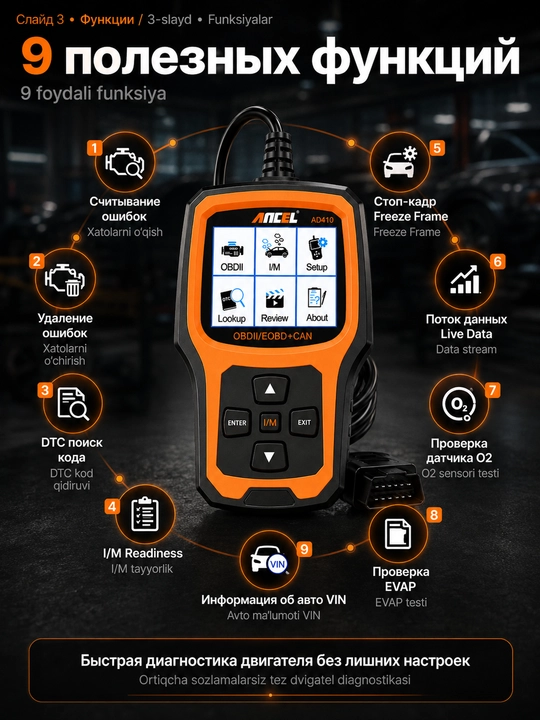 Диагностический сканер OBD2/EOBD+CAN Ancel AD410 – универсальный авто OBD-II сканер ошибок
