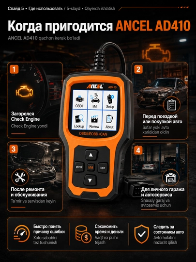 Диагностический сканер OBD2/EOBD+CAN Ancel AD410 – универсальный авто OBD-II сканер ошибок