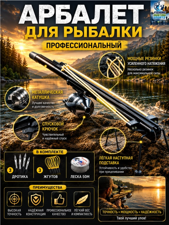 Рогатка рыболовная со стрелами и катушкой, боуфишинг - 