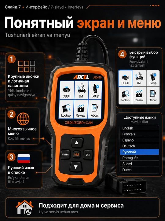 Диагностический сканер OBD2/EOBD+CAN Ancel AD410 – универсальный авто OBD-II сканер ошибок