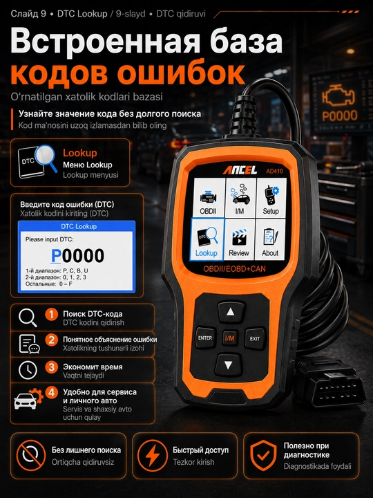 Диагностический сканер OBD2/EOBD+CAN Ancel AD410 – универсальный авто OBD-II сканер ошибок