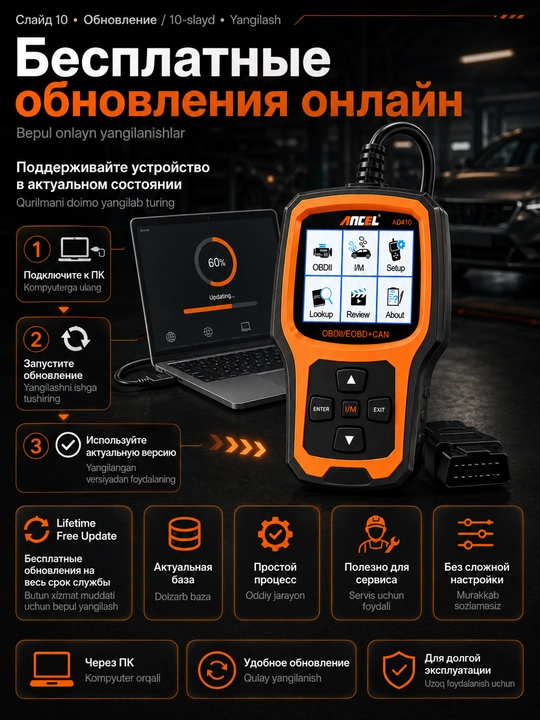 Диагностический сканер OBD2/EOBD+CAN Ancel AD410 – универсальный авто OBD-II сканер ошибок