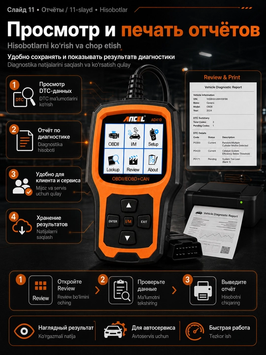Диагностический сканер OBD2/EOBD+CAN Ancel AD410 – универсальный авто OBD-II сканер ошибок
