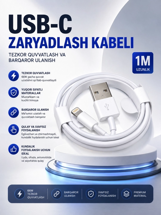 USB Lightning Quvvatlash va ma’lumotlarni uzatish kabeli - tez, mustahkam va ishonchli - 