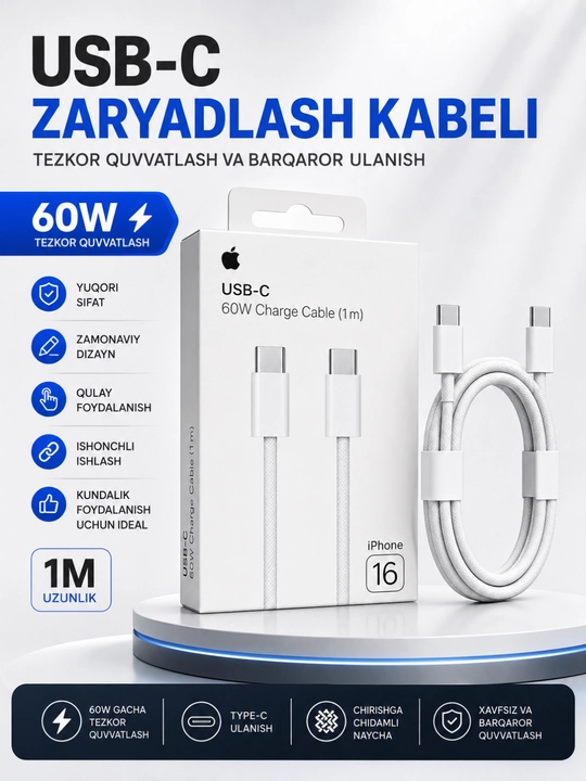 USB-C 60W tezkor zaryadlovchi kabel (1 metr) - 
