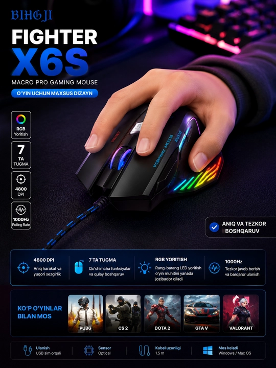 BIHGJI Fighter X6S Проводная игровая мышь | RGB-освещение | 7 кнопок | 4800 dpi | USB