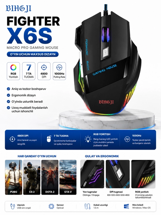 BIHGJI Fighter X6S Simli Gaming Sichqoncha | RGB Yoritish | 7 Tugma | 4800 DPI | USB - 