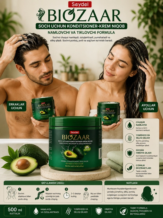 Sochni chuqur namlovchi, tiklovchi konditsioner-krem niqob, 500 ml
