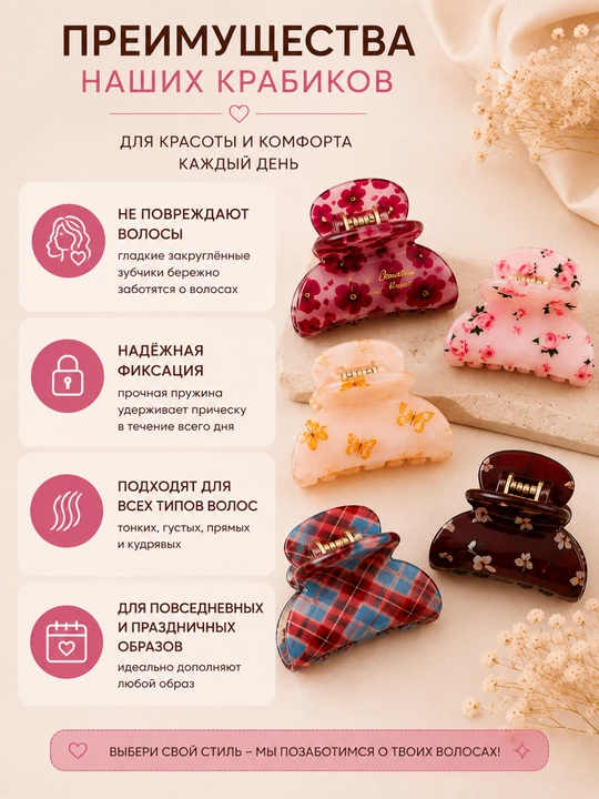 Soch uchun 5 dona qisqichli krabliklar, taroq, ayollar uchun har kunlik, maktabga, ishga