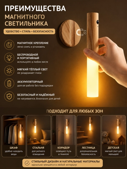 Harakat datchigiga ega magnitli LED yoritgich, simsiz devorga o‘rnatiladigan USB tungi yoritgich, 1 dona