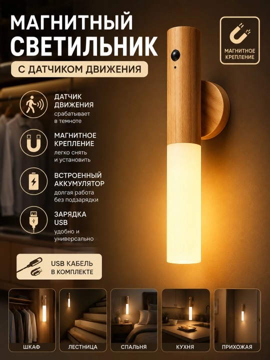 Магнитный светильник LED с датчиком движения, беспроводной настенный ночник USB, 1 шт - 