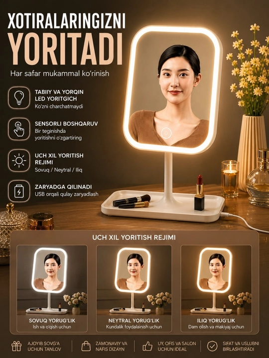 Сенсорное LED зеркало для макияжа с USB зарядкой, 3 режима подсветки - 