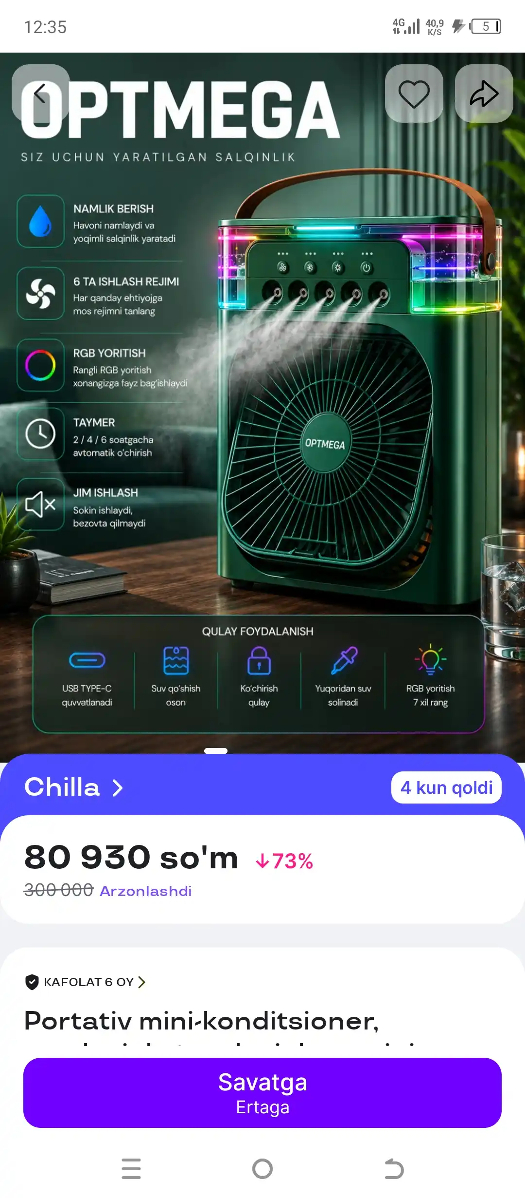 Portativ mini-konditsioner, namlagich, tozalagich va mini ventilyator, 3 tasi 1 da