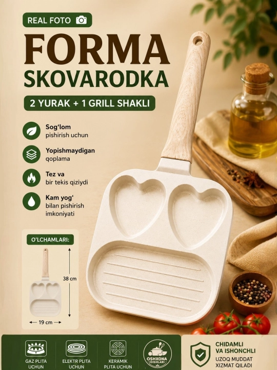 Tuxum uchun shaklli tova,4 bo’limli tuxum va pankeyk uchun tova,yopishmaydigan tova - 
