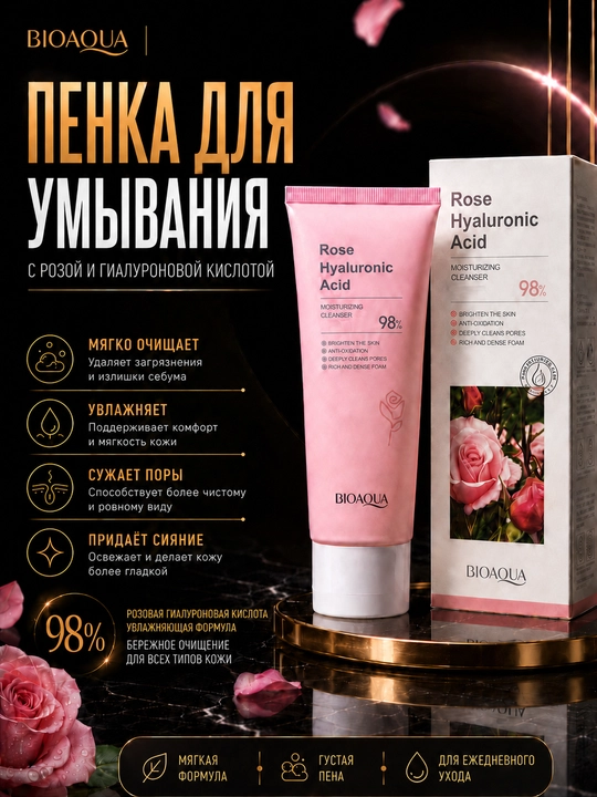Очищающее средство для лица, с экстрактом розы и гиалуроновой кислотой, 100 г - 