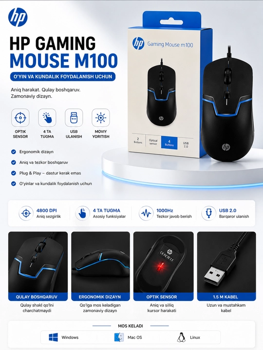 HP Gaming Mouse M100 Проводная мышь | USB | Оптический датчик | 4 кнопки - 