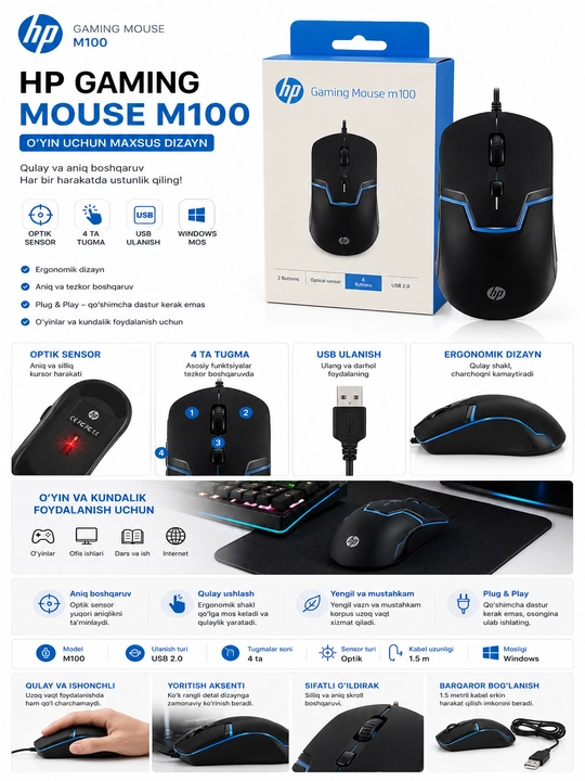 HP Gaming Mouse M100 Проводная мышь | USB | Оптический датчик | 4 кнопки