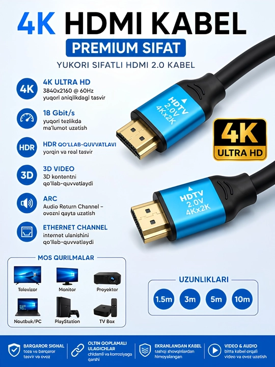 HDMI кабель 2.0 4K Ultra HD для телевизора, ноутбука, монитора и PlayStation - 