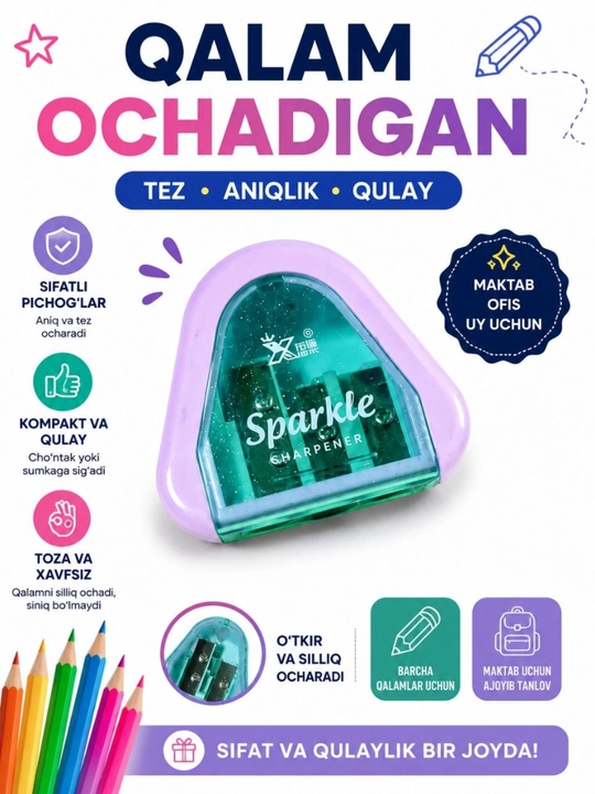 Qo'lda qalam o'tkirlagichlar,  qalam ochadiganlar turli ranglarda - 