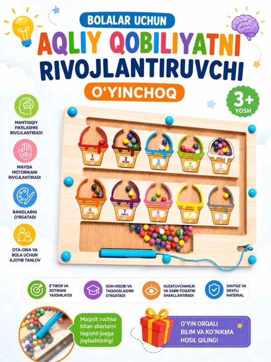 Bolalar uchun aqliy qobiliyatni rivojlantiruvchi taxtali sharikli qiziqarli o'yinchoq