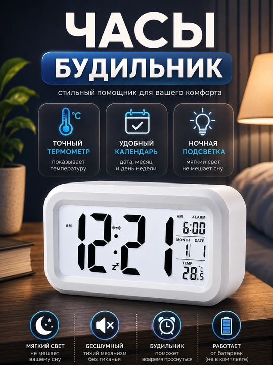 Электронные настольные часы, с подсветкой термометром, будильником, метеостанцией - 