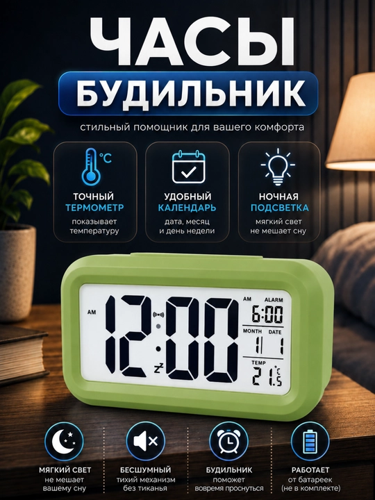 Электронные настольные часы, с подсветкой термометром, будильником, метеостанцией - 