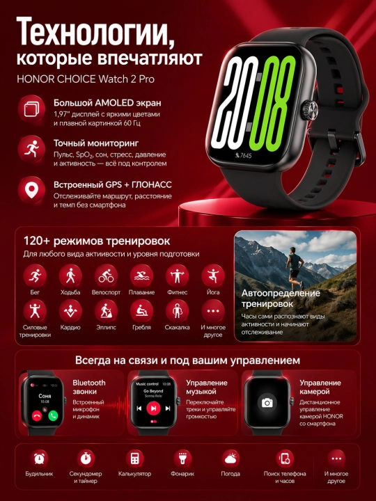 Смарт-часы HONOR CHOICE Watch 2 Pro, AMOLED 1.97" GPS Bluetooth 5.3 120 спортивных режимов