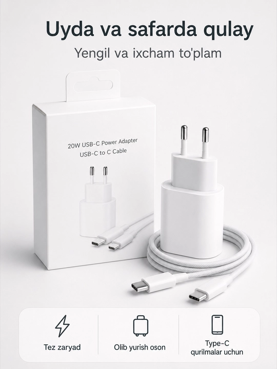 USB-C quvvat adapteri va zaryadlash kabeli, telefon va planshet uchun tezkor komplekt