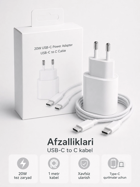 USB-C quvvat adapteri va zaryadlash kabeli, telefon va planshet uchun tezkor komplekt