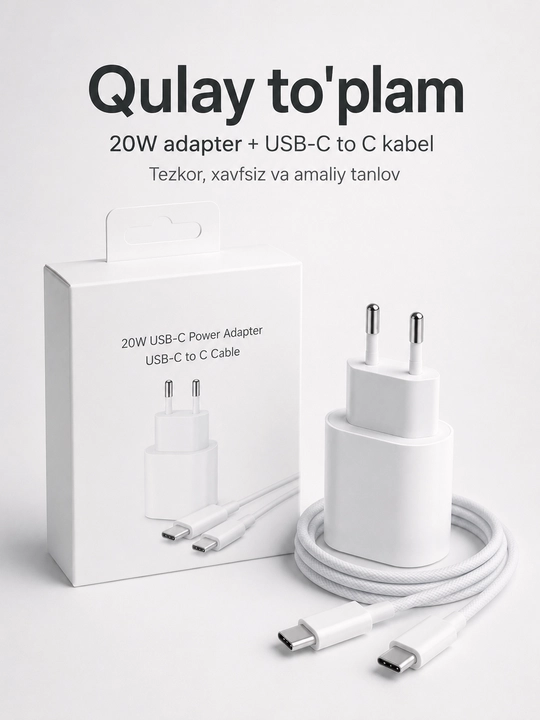 USB-C quvvat adapteri va zaryadlash kabeli, telefon va planshet uchun tezkor komplekt