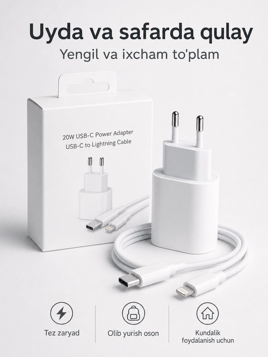 USB-C quvvat adapteri va zaryadlash kabeli, telefon va planshet uchun tezkor komplekt