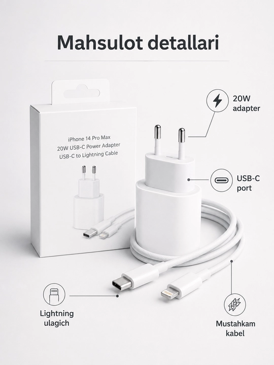 USB-C quvvat adapteri va zaryadlash kabeli, telefon va planshet uchun tezkor komplekt