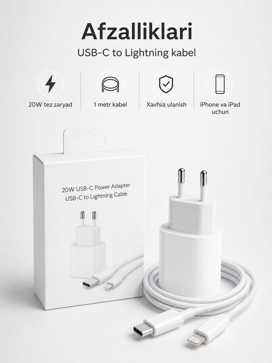 USB-C quvvat adapteri va zaryadlash kabeli, telefon va planshet uchun tezkor komplekt