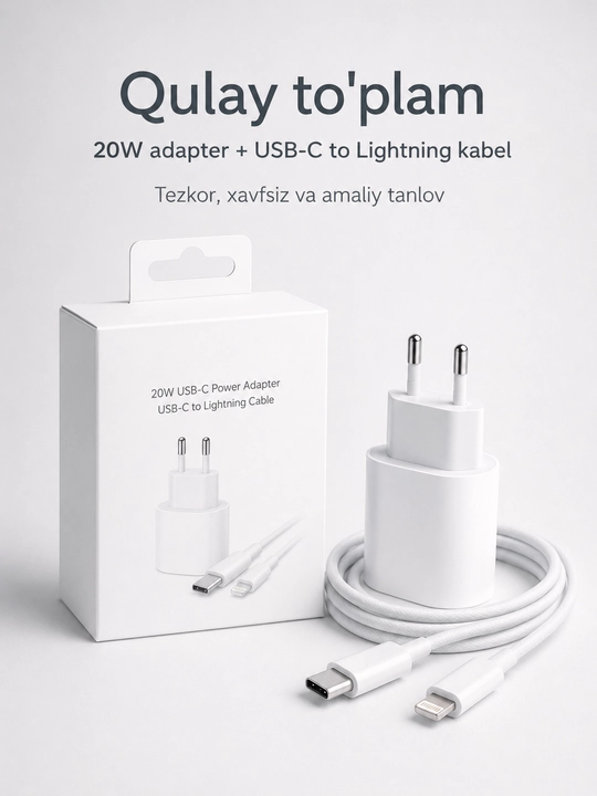 USB-C quvvat adapteri va zaryadlash kabeli, telefon va planshet uchun tezkor komplekt