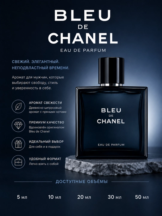 Bleu de Chanel yo‘nalishidagi erkaklar atiri, yog‘och-sitrusli, 5–50 ml - 
