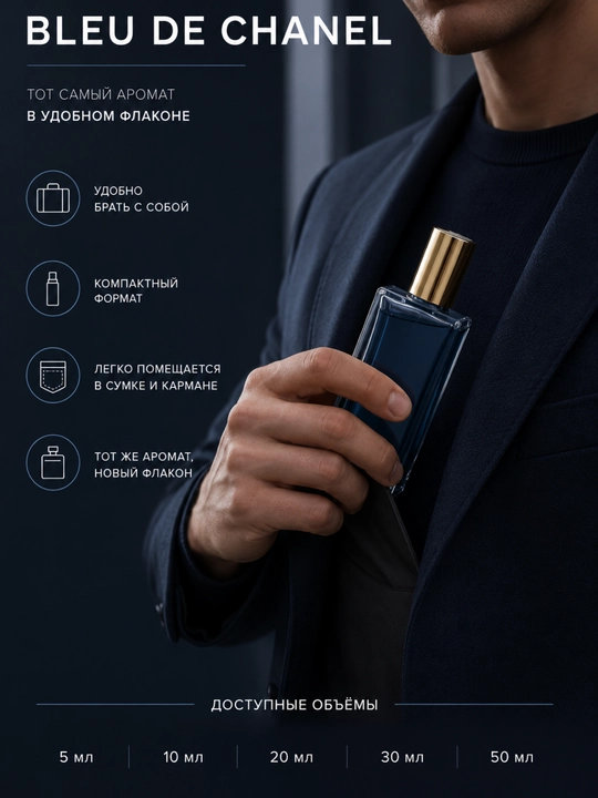 Bleu de Chanel yo‘nalishidagi erkaklar atiri, yog‘och-sitrusli, 5–50 ml