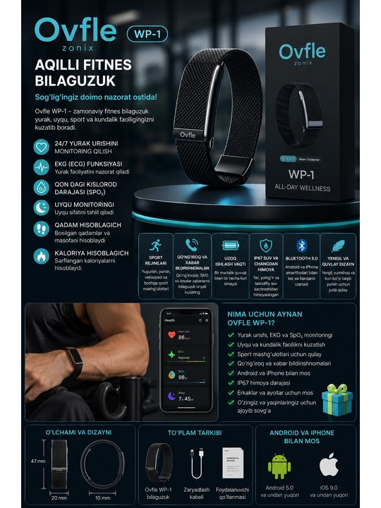Ovfle WP-1 premium smart-brasleti, 100 dan ortiq sport rejimlari