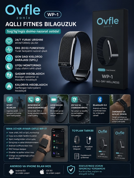Ovfle WP-1 premium smart-brasleti, 100 dan ortiq sport rejimlari