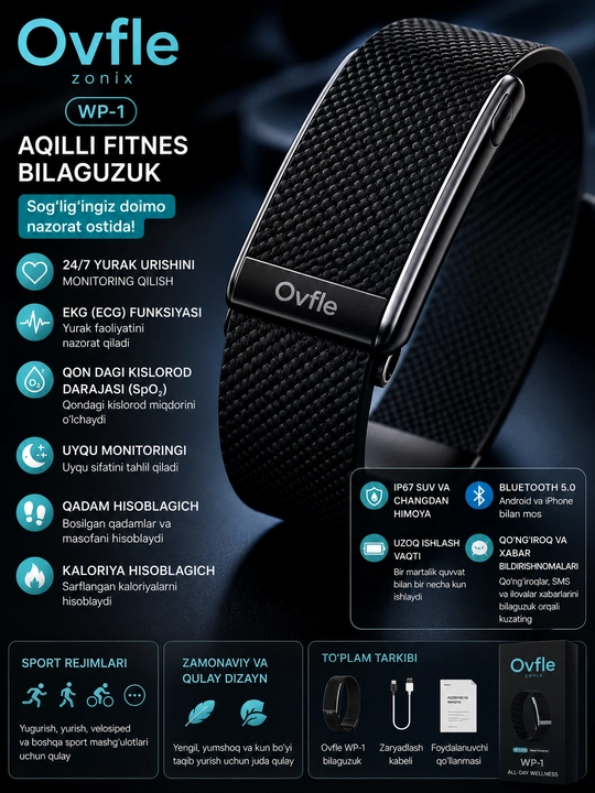 Ovfle WP-1 premium smart-brasleti, 100 dan ortiq sport rejimlari
