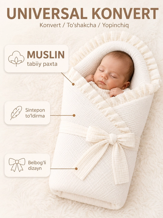 Chaqaloqlar uchun muslin konvert, paxtali, turli ranglarda - 