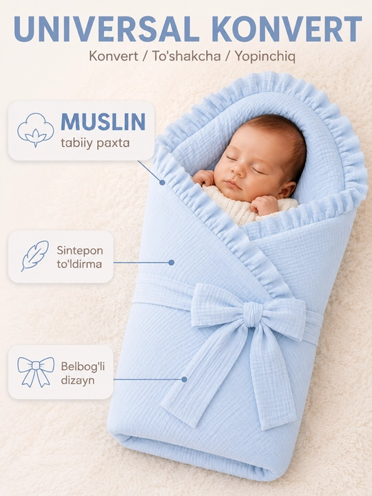 Chaqaloqlar uchun muslin konvert, paxtali, turli ranglarda - 