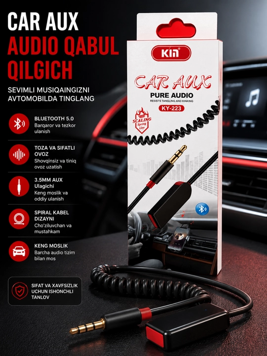 Avtomobil uchun 3,5 mm li Bluetooth AUX audio adapteri - tiniq ovoz va barqaror aloqa - 