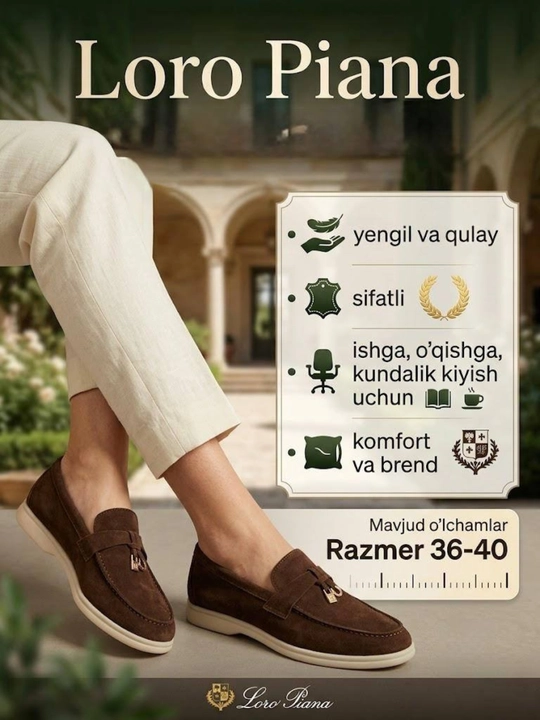 Loro Piana ayollar loferlari, zamonaviy va qulay ayollar poyabzali, 36-40 o‘lchamlarda