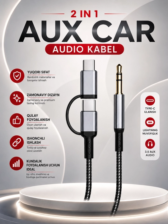Hi-Fi ovozli va ishonchli ulanish imkoniyatiga ega avtomobil uchun 3,5 mm li AUX kabeli - Type-C 2 ta 1 da - 