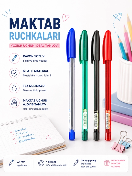 Maktab uchun sharikli ruchka, 0.7 mm (4 xil rang) - 