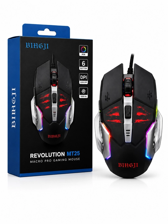 BIHGJI Revolution MT25 simli o‘yin sichqonchasi | RGB | 6 ta tugma | 3200 DPI | USB