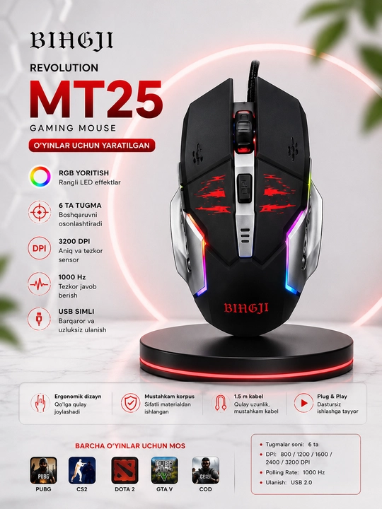 BIHGJI Revolution MT25 simli o‘yin sichqonchasi | RGB | 6 ta tugma | 3200 DPI | USB - 