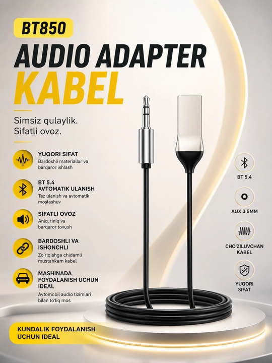 Avtomobil va uy audio tizimi uchun BT850 Bluetooth AUX 3.5 mm audio adapteri - 