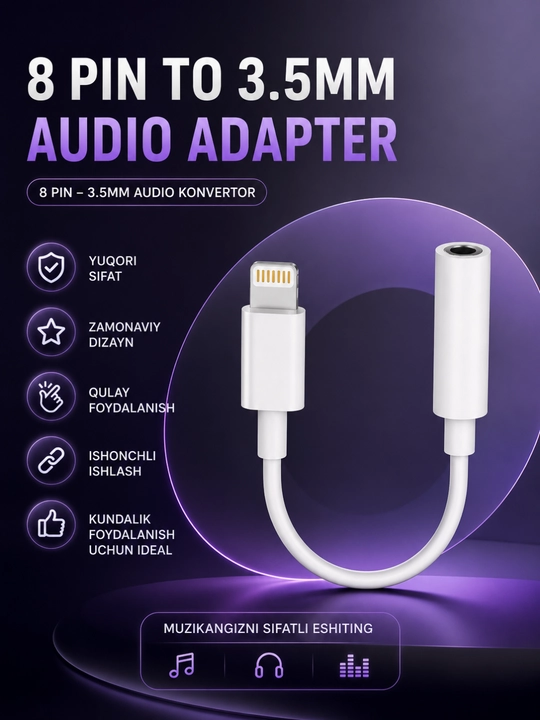 IPhone 8 Pin dan 3.5 mm Audio Adapteri – Tiniq Ovoz va Barqaror Ulanish Kabeli - 